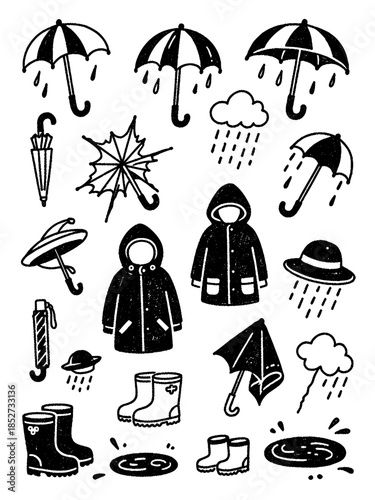 Rainy day essentials collection- umbrellas, rubber boots, hooded coats, and water puddles in a vintage textured black and white doodle style