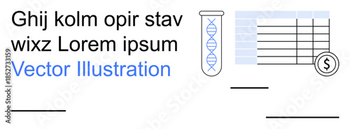 Biotechnology, financial statistics, scientific research, medical data analysis, lab work, education. DNA helix in test tube with spreadsheet and currency symbol. Biotechnology and financial