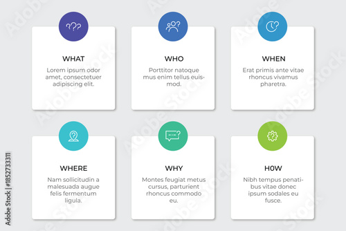 5W1H Method Infographic with Six White Square Cards Grid