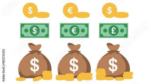 Diverse currency symbols on coins, banknotes, and money bags representing financial growth and investment.