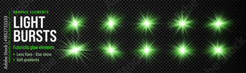 Green laser glow with light flare neon and dj lense background. Flash effect sparkle with beam energy isolated and line ray transparent. Vector bright green with club disco light and lens magic flare.