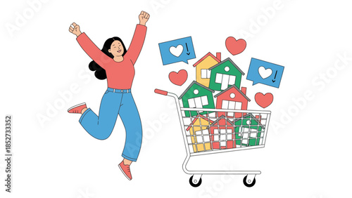 Woman joyfully celebrates with a shopping cart full of houses and social media icons.