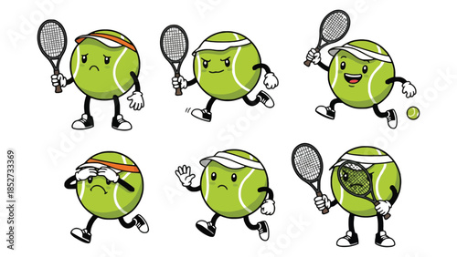 Cartoon tennis balls with different emotions and actions holding rackets