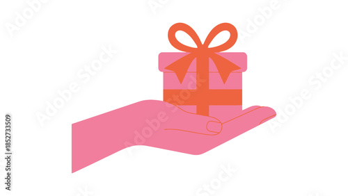 A hand holds a pink gift box with an orange ribbon and bow.