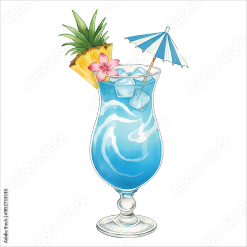 Blue Hawaiian Watercolor Cocktail Vector Isolated on White Background
