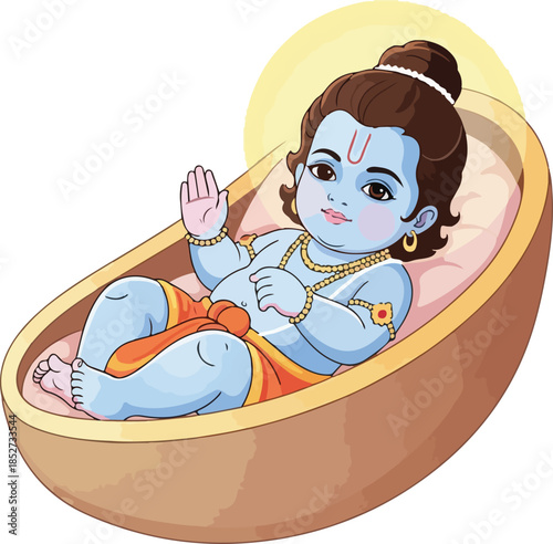 Vector illustration of a baby Krishna in a cradle, adorned with traditional Indian jewelry, depicted in a Rama Navami celebration scene with vibrant colors. Perfect for Hindu festival