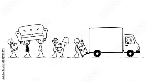 Stick figures carry furniture and boxes to a moving truck.