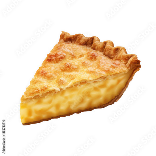 Delicious slice of savory quiche pie with flaky crust isolated for food photography