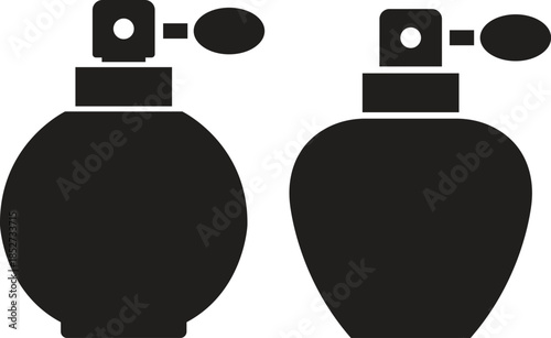Perfume bottle flat icons set. Vectors graphic illustration depicting fragrance scent spray atomizer beauty cosmetic minimalist black silhouette elements luxury isolated on transparent background.