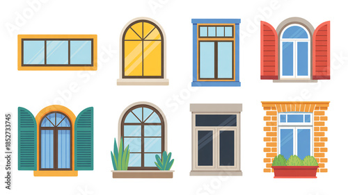 Window Illustrations in Various Styles and Colors with Decorative Elements for Graphic Design