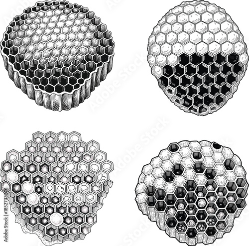 Honeycomb Food Illustration Set Etching Engraving Style Natural Bee Honey Vintage Hand Drawn Black White
