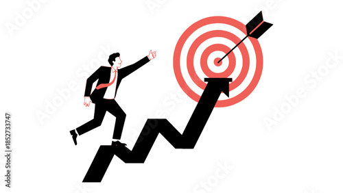 Businessman climbing an upward trending graph towards a target with an arrow.