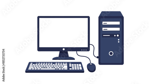 A desktop computer with a monitor, keyboard, and mouse is shown.