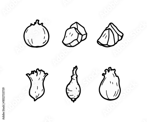 Illustrated assortment of fresh fruits and vegetables on white background