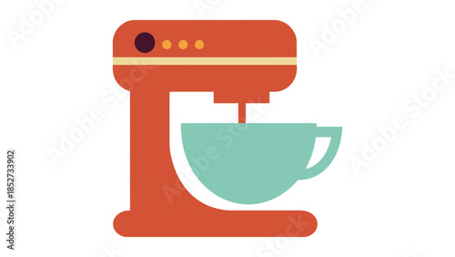A retro-style stand mixer with a teal bowl is depicted against a white background.