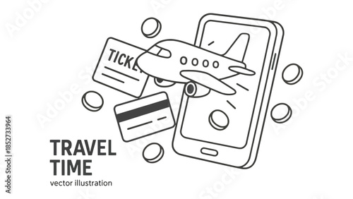 A smartphone displays an airplane, tickets, and credit card for travel planning.