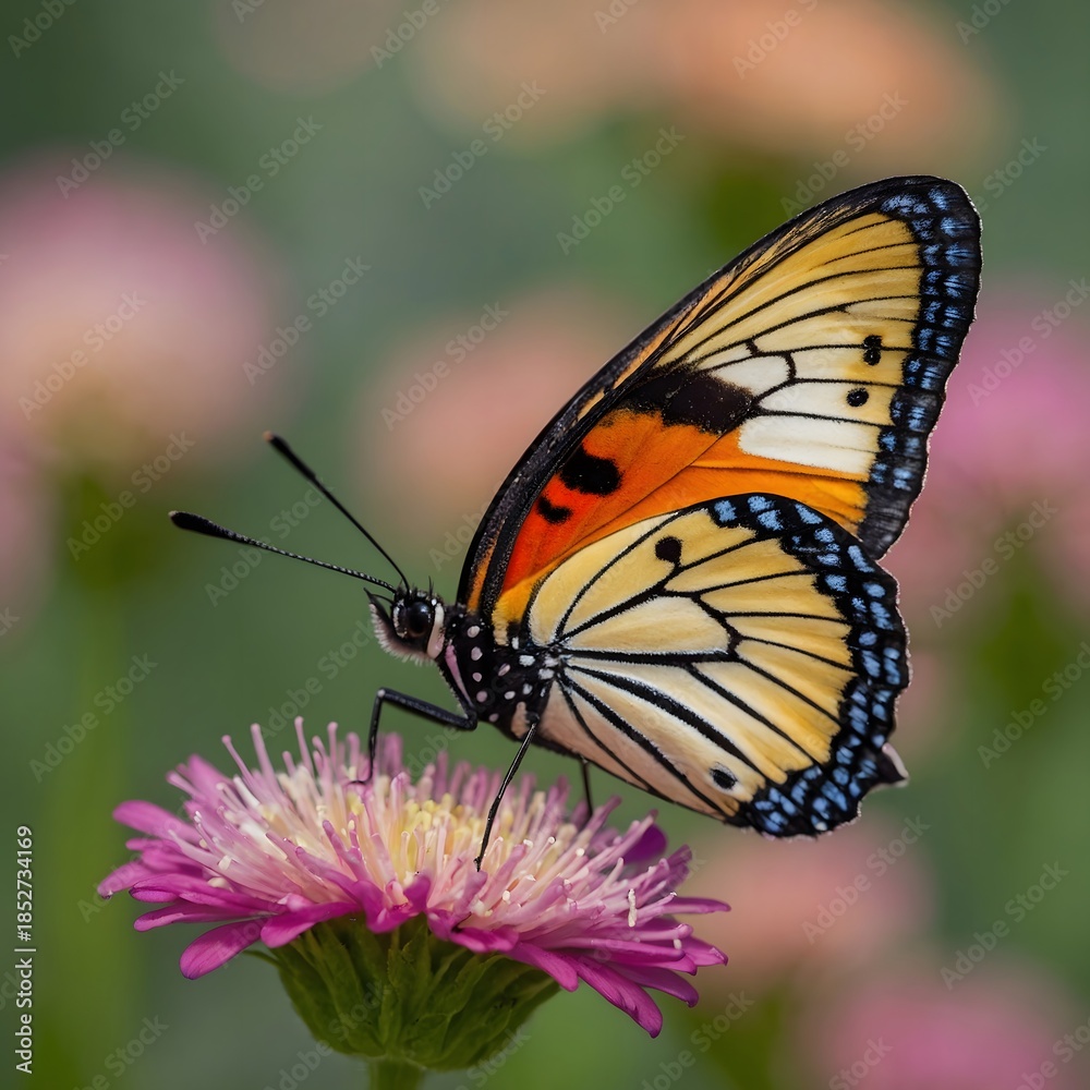Obraz premium Mariposa naranja y negra posada sobre flor rosa en entorno natural, escena de biodiversidad y delicadeza