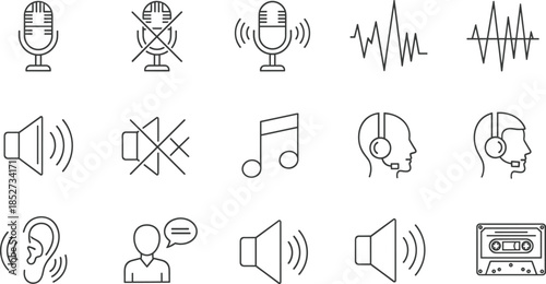 Audio, sound, communication, voice, music, icon, vector, black, line art, microphone, speaker, headset, ear, cassette, wave, mute, broadcast, illustration