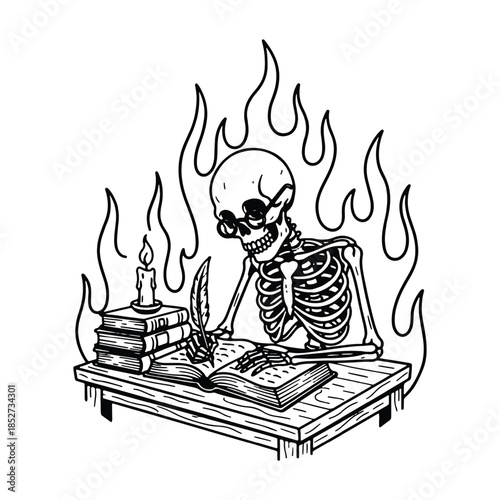 Skeleton Writer with Glasses Writing in Journal at Desk Surrounded by Fire Flames.
