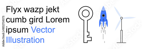 Renewable energy, innovation, technology, key solutions, sustainable growth, future vision. A key, a rocket launching and a wind turbine. Innovation and renewable energy