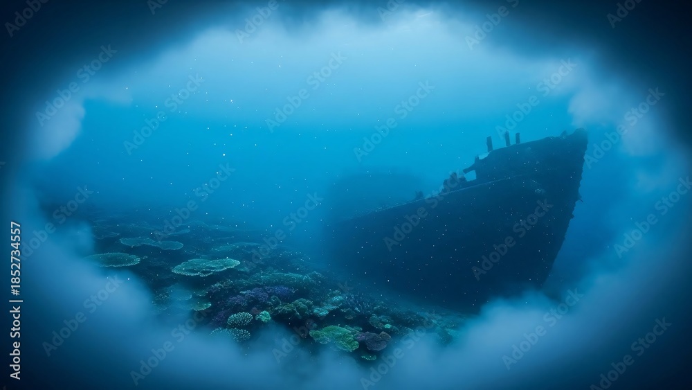 Fototapeta premium Underwater Shipwreck Through Coral Reef for Ocean Design
