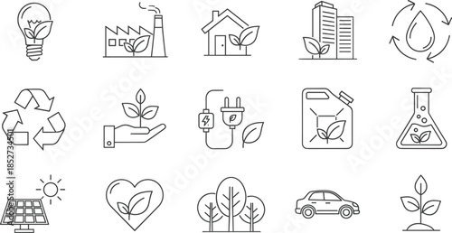 Eco, sustainability, green, energy, environment, recycling, nature, icon, vector, black, line art, leaf, solar, biofuel, chemistry, conservation, building, illustration