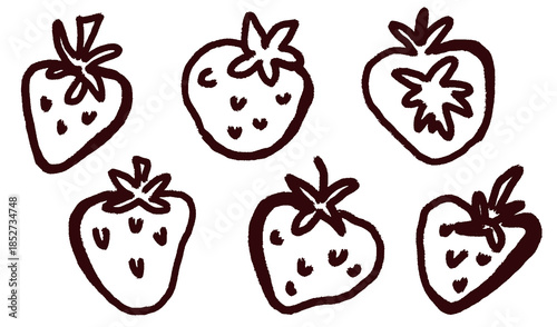 Hand drawn crayon strawberry fruits. Funky berries in minimalist ink brush charcoal style. Childish doodle style vector elements for tattoo, greeting card, menu, wedding invitation.
