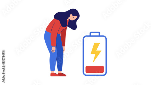 Woman feeling drained and exhausted next to a nearly depleted battery symbol.