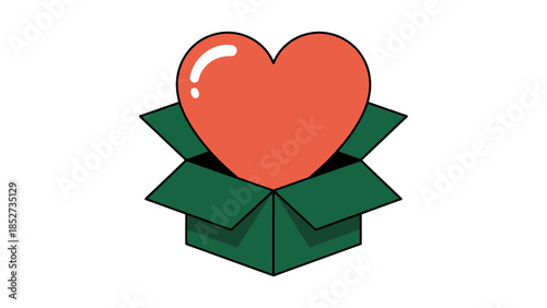 A vibrant red heart emerging from an open green gift box, symbolizing love and generosity.