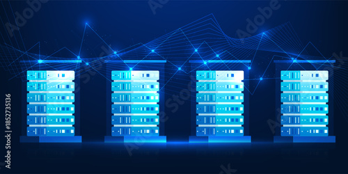 Data Center Technology Background with Server Racks and Water Cooling System, High Performance Data Storage, Network Infrastructure, Cloud Computing, Secure Data Processing, Energy Efficient Cooling