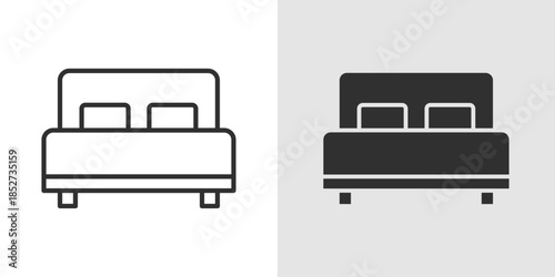 Bed Icon showing a simple bed frame with a mattress and pillow, representing sleep, rest, bedroom, or accommodation.
