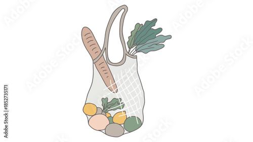 Fresh produce and bread in a reusable mesh shopping bag, symbolizing eco-friendly living and healthy eating.