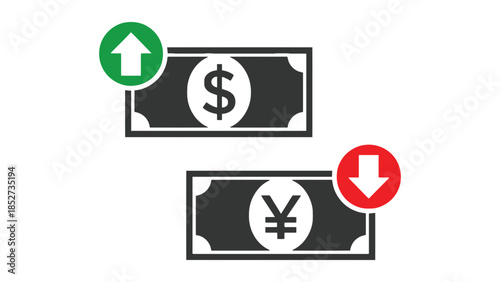 Currency exchange graphic showing dollar increasing and yen decreasing