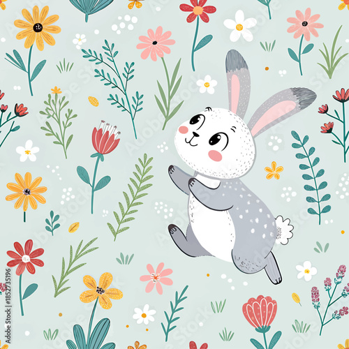 Seamless digital pattern featuring a cartoon illustration of a little rabbit in a meadow with colorful wildflowers. High resolution, designed for printing on fabric and wallpaper.