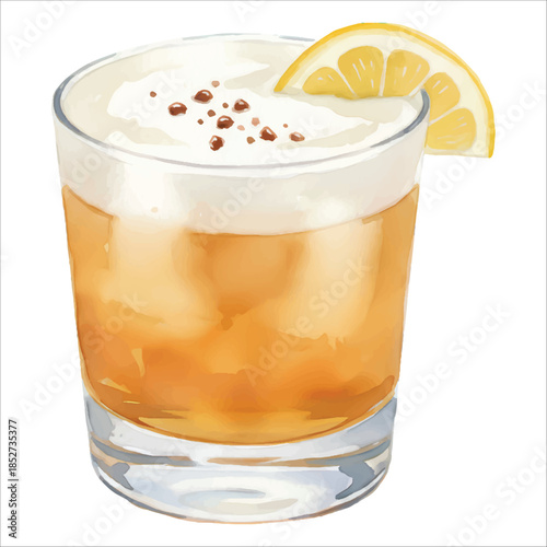 Whiskey Sour Watercolor Cocktail Vector Isolated on White Background

