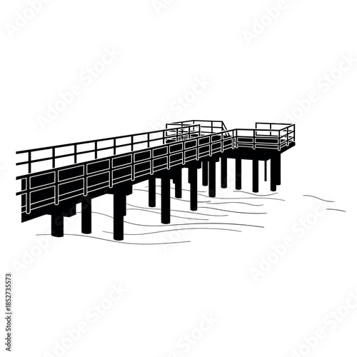 Black and White Illustration of a Wooden Pier Extending Over Water.