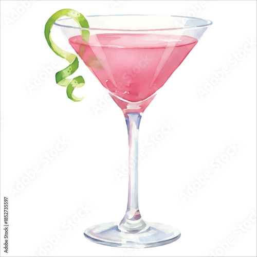 Cosmopolitan Watercolor Cocktail Vector Isolated on White Background
