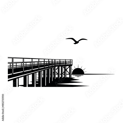 Pier at Sunset with Flying Bird Silhouette.