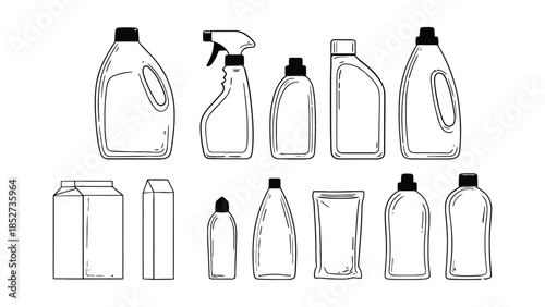 A collection of various cleaning product bottles and containers is shown.