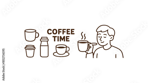 A person enjoys a cup of coffee during coffee time with various coffee-related items.