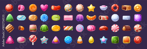 Big set of colorful vector sweets - candies, lollipops, chewing gum, toffie, jelly beans.