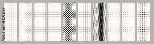 Minimal Geometric Seamless Pattern Set with Dots Grids, Lines and Abstract Textures for Notebook Sheets, Wrapping, Textile. Modern Vector Background Collection for Branding Packaging Web Print Design