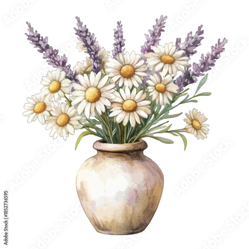 Watercolor Wildflower Bouquet in Rustic Vase Clipart Illustration

