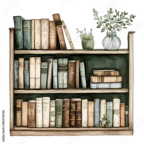 Watercolor Vintage Bookshelf Home Library Clipart Illustration
