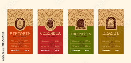 Coffee Packaging Label Set. Vertical Vintage Templates with Bean Textures, Handcrafted Stamps, and Logos