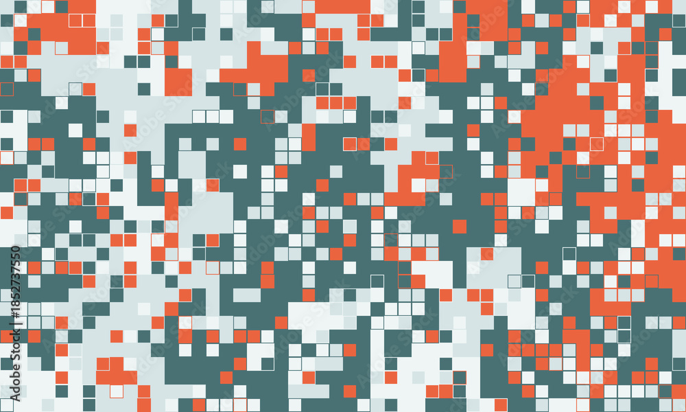 Fototapeta premium Abstract pixel art background. Modern digital mosaic pattern in teal, white, and burnt orange. Ideal for tech, website design, or presentations. Represents data flow, connectivity, or technology.