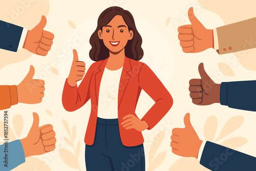 Confident business woman receiving multiple thumbs up for approval and recognition, positive feedback and support in workplace, flat vector illustration
