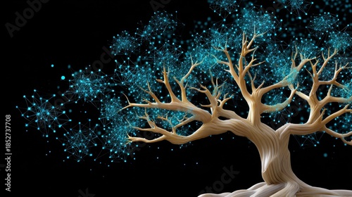 A digital tree with glowing blue connections, representing technology and nature merging in an abstract, futuristic design.