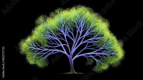 A vibrant, glowing tree illustration with intricate branches and bright green leaves set against a black background.