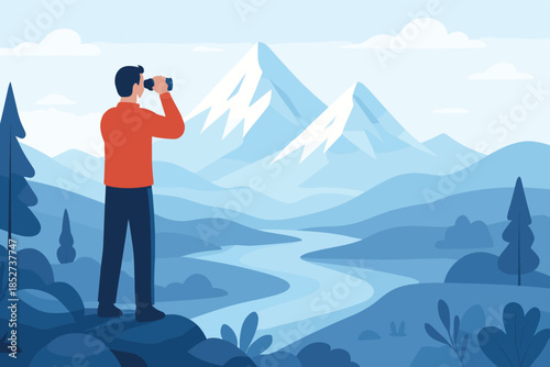 Man standing on hilltop looking at mountain landscape with binoculars, scenic nature view with river and snow peaks, flat vector illustration